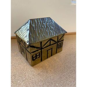 LINTON Brass Cottage Tea Box-Thatched Roof-Hinged Vintage EUC-6”